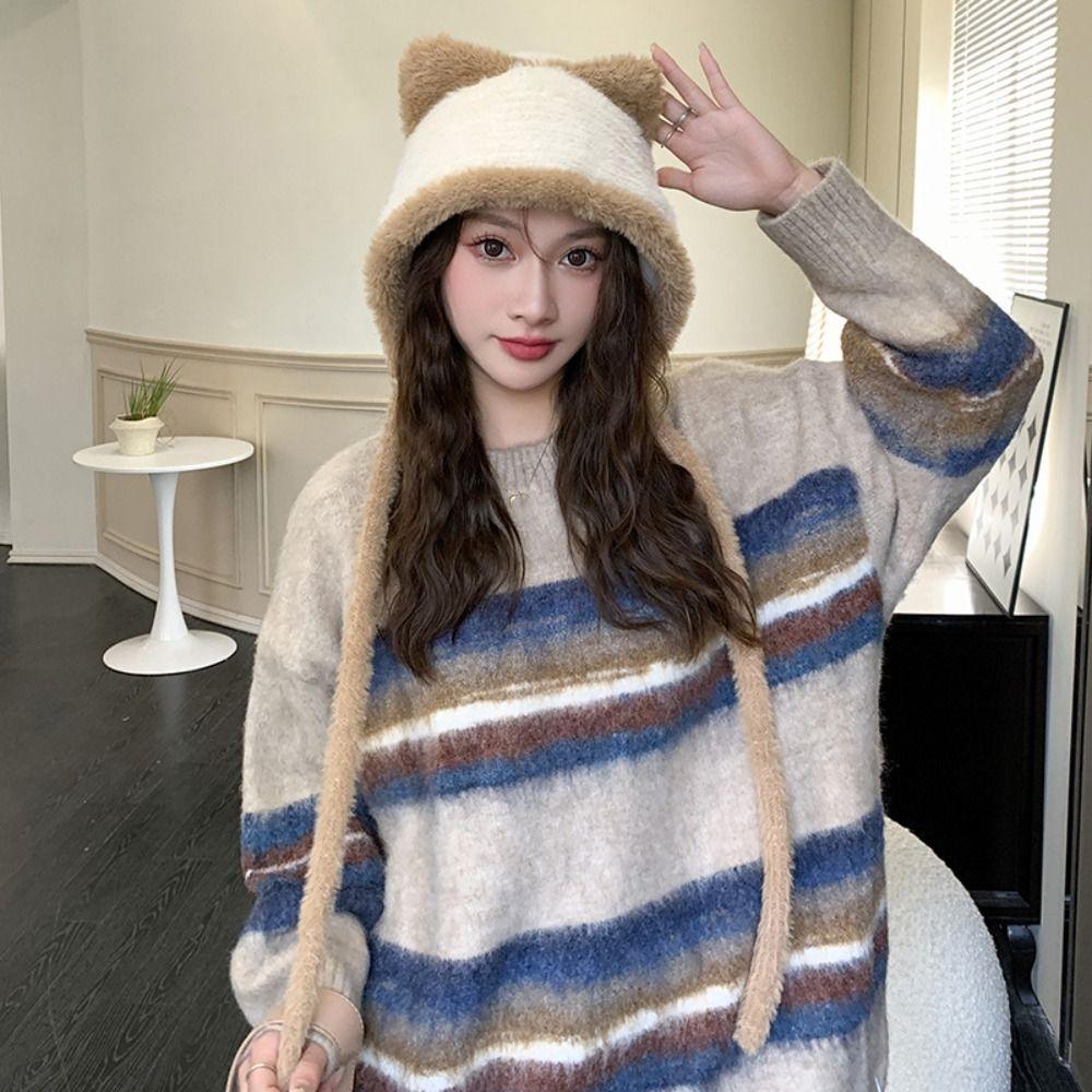Korean Style Cute Cat Ear Hat Warm Women Fluffy Hats Kawaii Faux Fur Bucket Hat  Girls