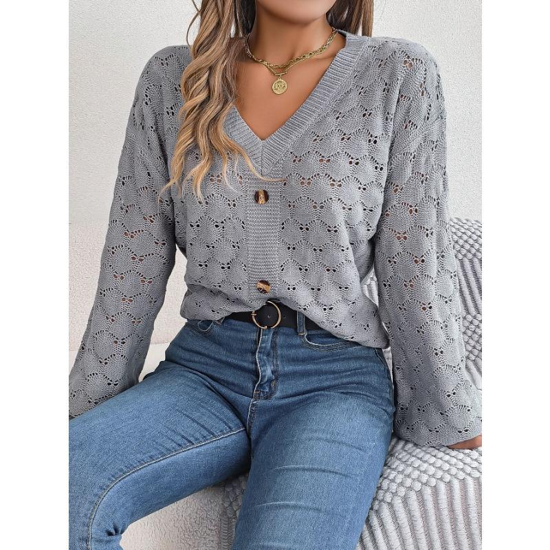 Autumn and winter casual V-neck button hollow lantern sleeve pullover sweater, elegant casual gray temperament ladies long-sleeved knitted sweater