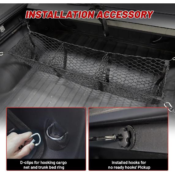RED WOLF 3 Pocket Truck Bed Cargo Net For Toyota Ford Dodge GMC Chevy Silverado, Universal Pickup Mesh Storage Net 47.2" X 11.8" Stretchable Elastic