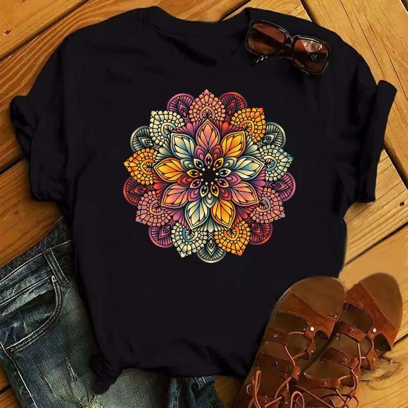 New Mandala Floral Printed T Shirt Women Casual Fashion T-shirt Loose Short Sleeve 90s Girls Aesthetics Black Tshirt Top