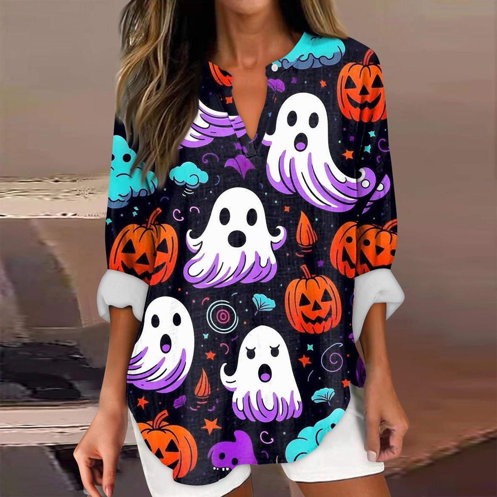 

Женские модные повседневные женские топы с v-образным вырезом и длинным рукавом с принтом на Хэллоуин M белый