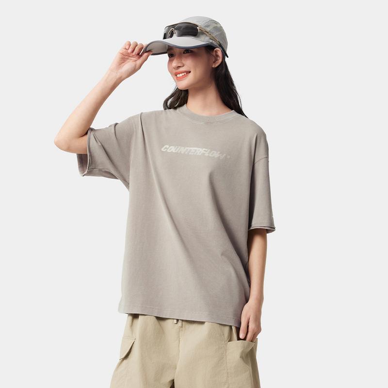 Li Ning CF Outdoor Series Soft Skin Letter Rolled Hem Short Sleeve T-Shirt Unisex Tops Brown Gray ATSV187-7