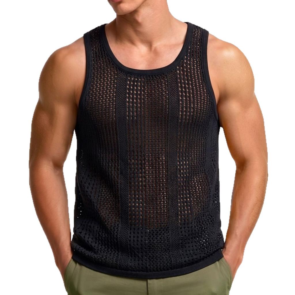 Men's Sleeveless Tank Tops Knitted Hollow Out Crochet T-Shirts Muscle Summer Vacation Beach Shirts Casual Athletic Muscle Pullover Vest Top for Male