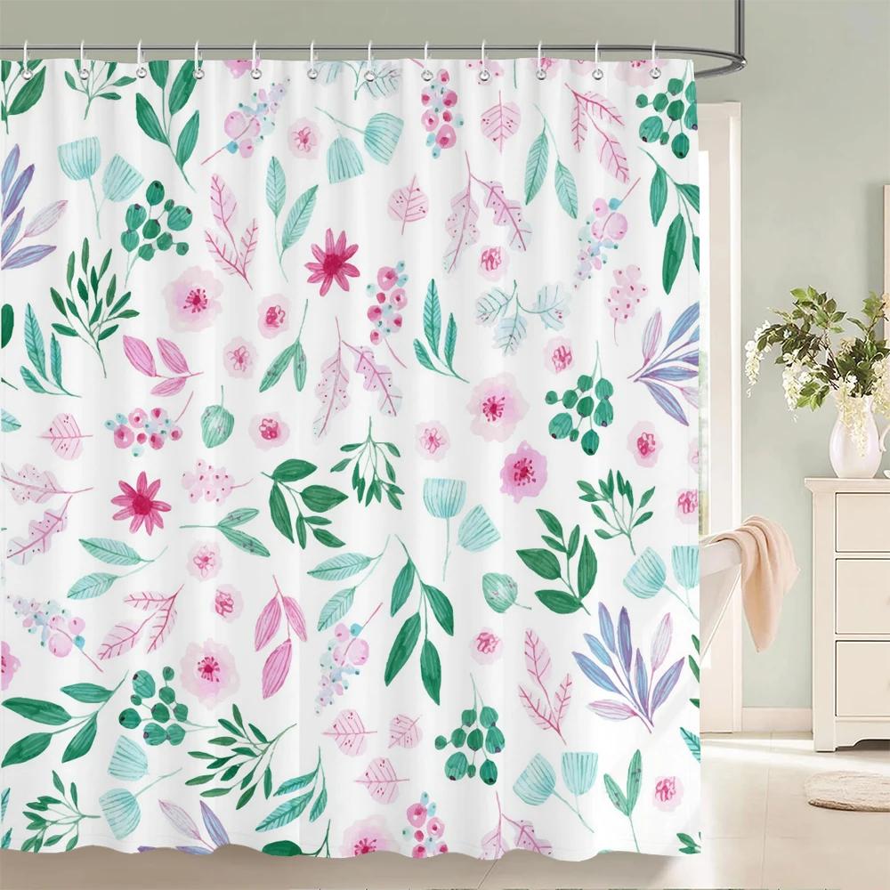 3D Shower Curtain Nordic Style Flowers Plant Leaves Printed  Waterproof Polyester Fabric Bath Curtains For Bathroom With Hooks
