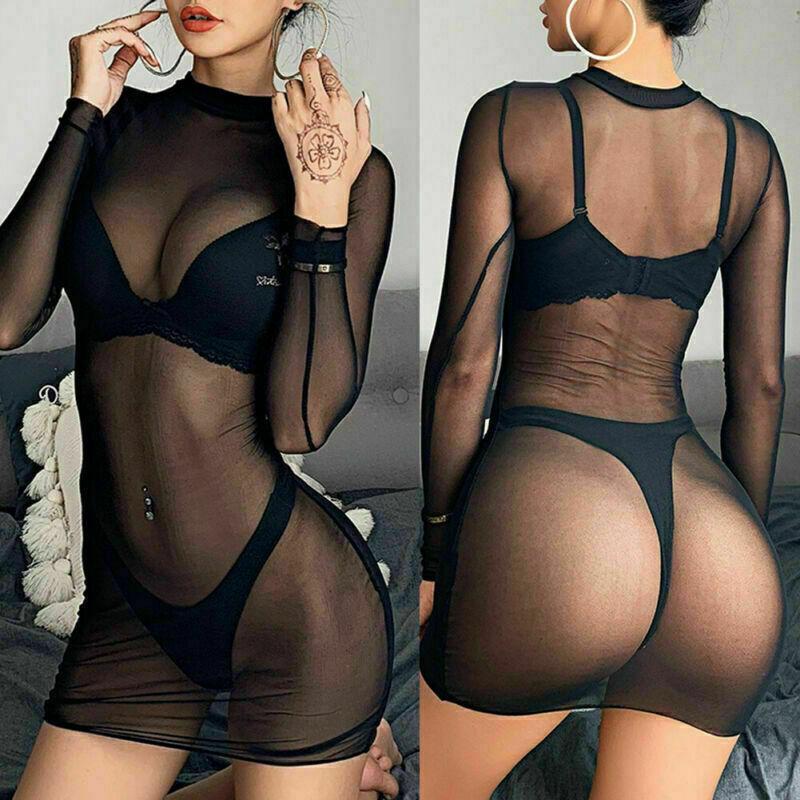Bodycon Tight Dress Women Sexy Solid Color Long Sleeves See-through Pajamas