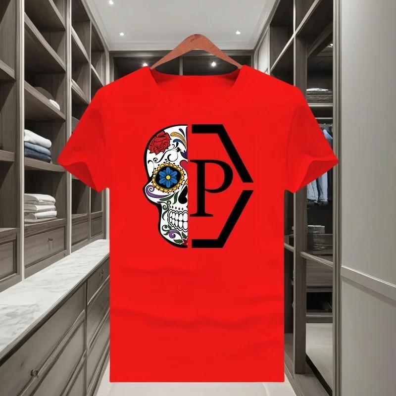 The 2025 Summer Men's Classic and Trendy Brand Semi-skull Print Loose Short-sleeved T-shirt with a Round Neck Y2k Top