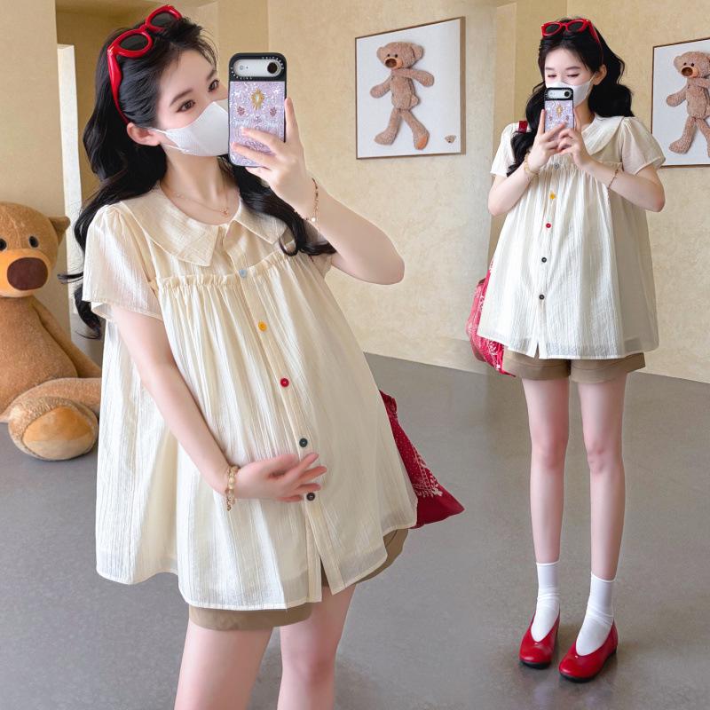 Korean-Style Petite Maternity Summer Set with Ruffle Doll Top & Belly Support Shorts L