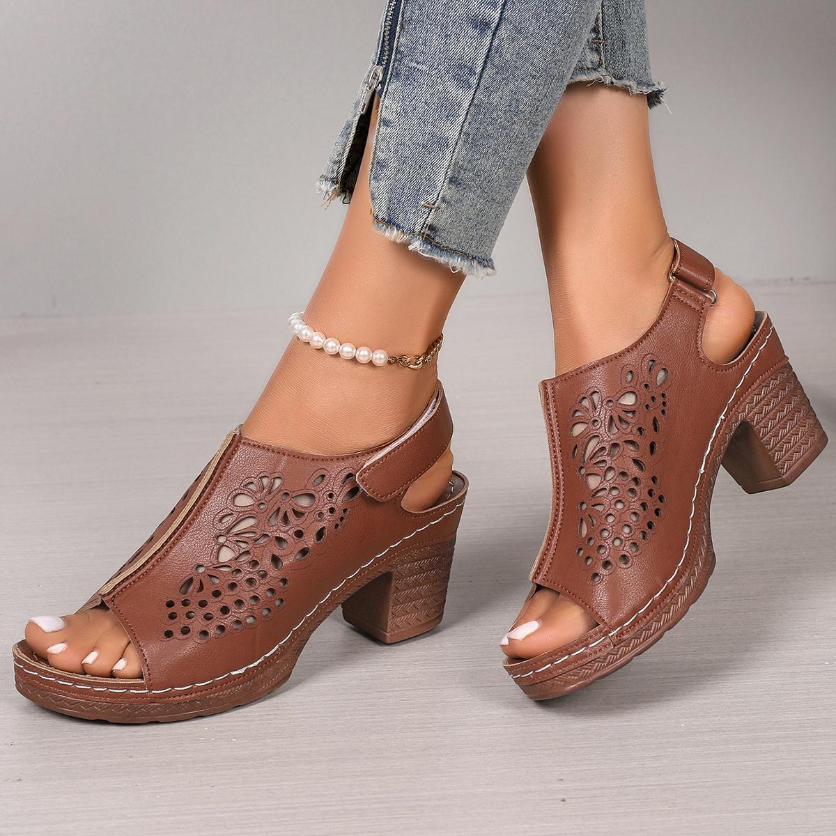 

Женские босоножки на толстом каблуке в стиле ретро, босоножки «рыбий рот» 2024 года, новые летние туфли для женщин, модные полые босоножки на среднем каблуке для женщин 43 коричневый