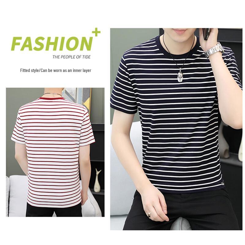 ROMON Men's Cotton Blend Striped Round Neck Short Sleeve T-Shirt