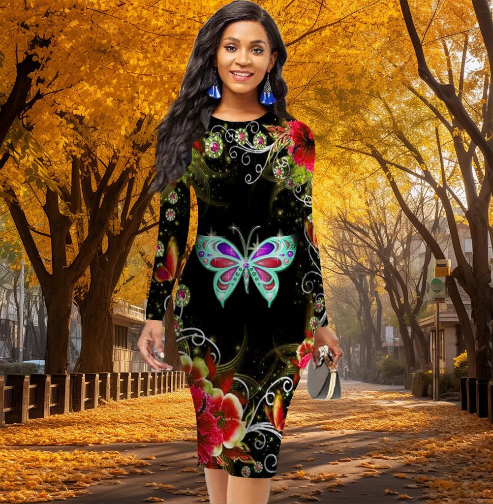 Elegante bodycon jurk met lange mouwen, taille-tight, kantoor slim fit, levendige vlinderprint