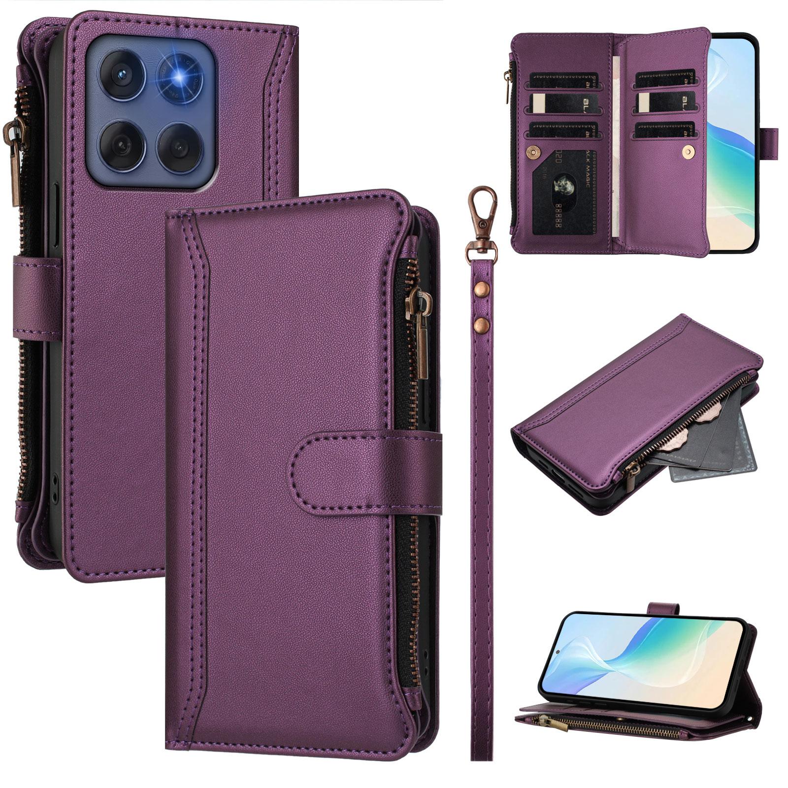 

For Motorola Edge (2025) 5G/Motorola Edge 60 Fusion 5G Leather Case 9 Card Slots Zipper Wallet Stand Phone Cover with Wrist Strap Purple