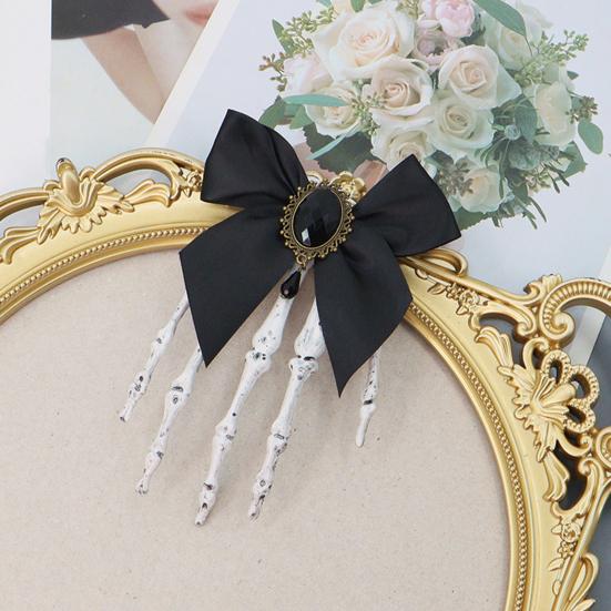 Halloween Skeleton Hand Hair Clips with Bowknot Faux Crystal Hand Bone Hairpin Gothic Skull Claw Hair Accessories for Girls Party Cosplay