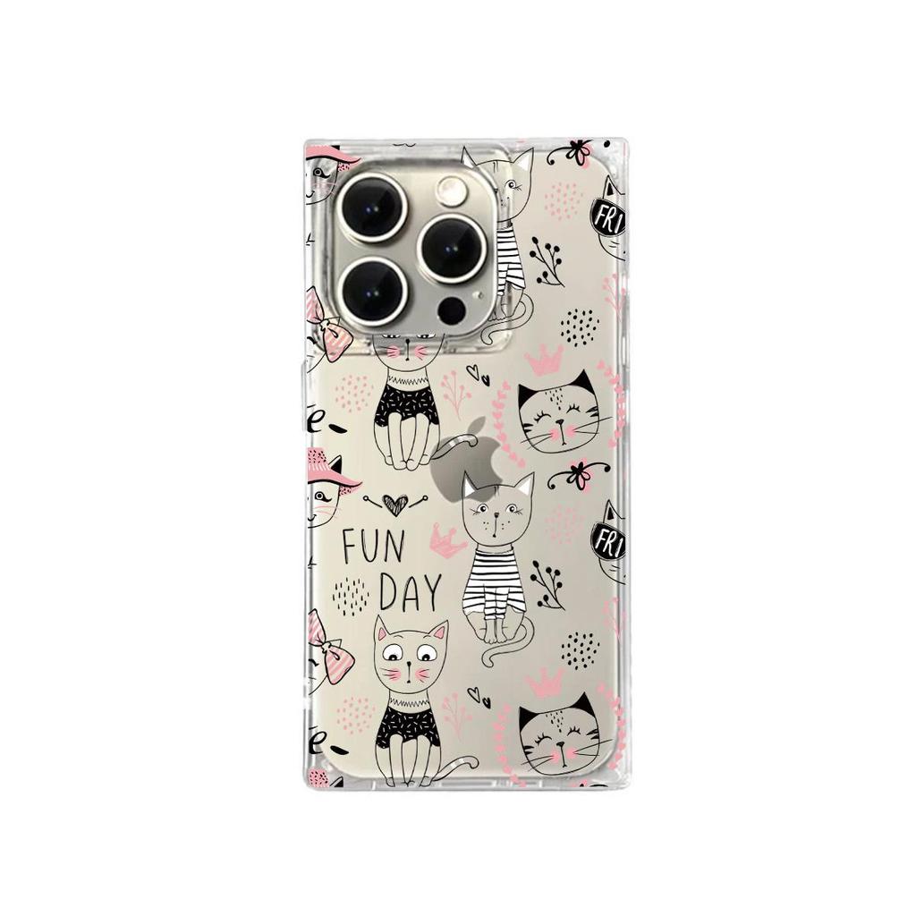 Clear Square Back Tube Case Protection For iPhone 12 13 11 16 ProMax 15 Plus 14 Pro Max Anti-Oxygen,Line Drawn Cats Pattern Casing