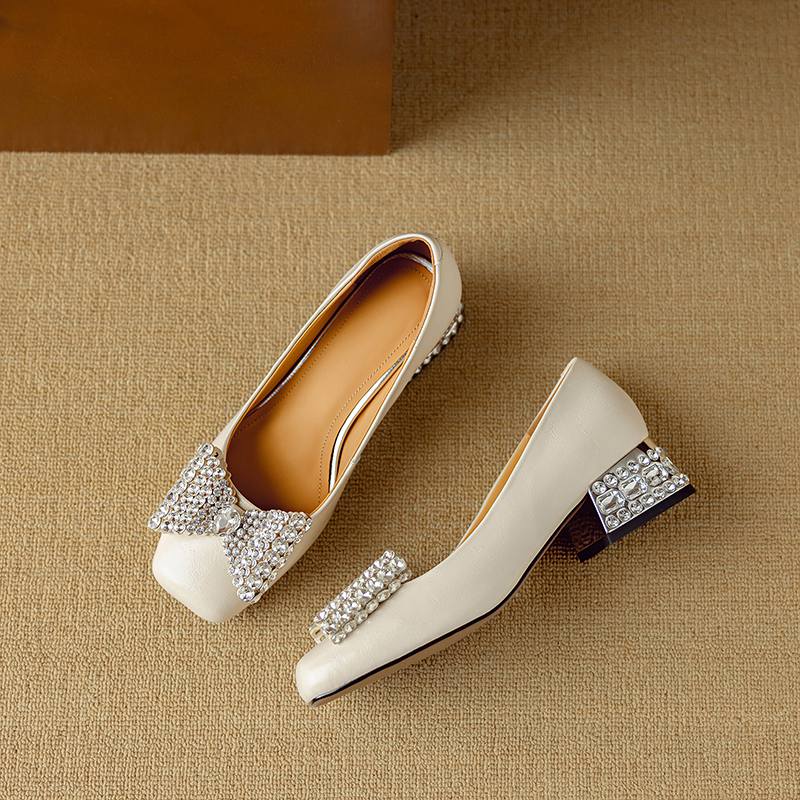 Krazing Pot Cow Skin Summer Size 40 Med Heels Crystal Butterfly-knot Decoration Square Toe Diamond Heels Gladiator Pumps