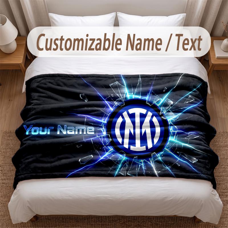 Inter Milan Printed Flannel Blanket Custom Name Text Soft Warm Throw For Bedroom Holiday Gift