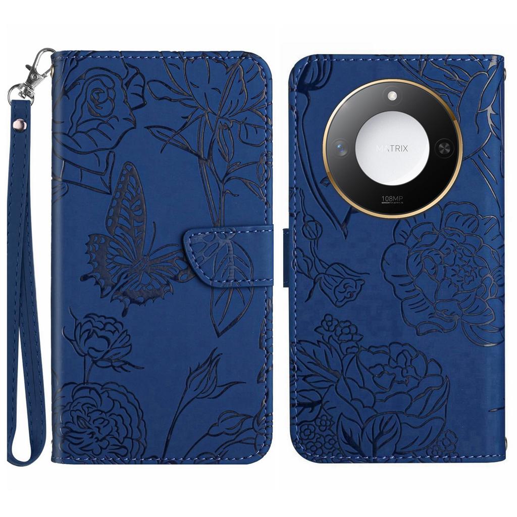 For Honor X9c Smart 5G Case Butterfly Flower Imprinted Leather Phone Cover with Strap