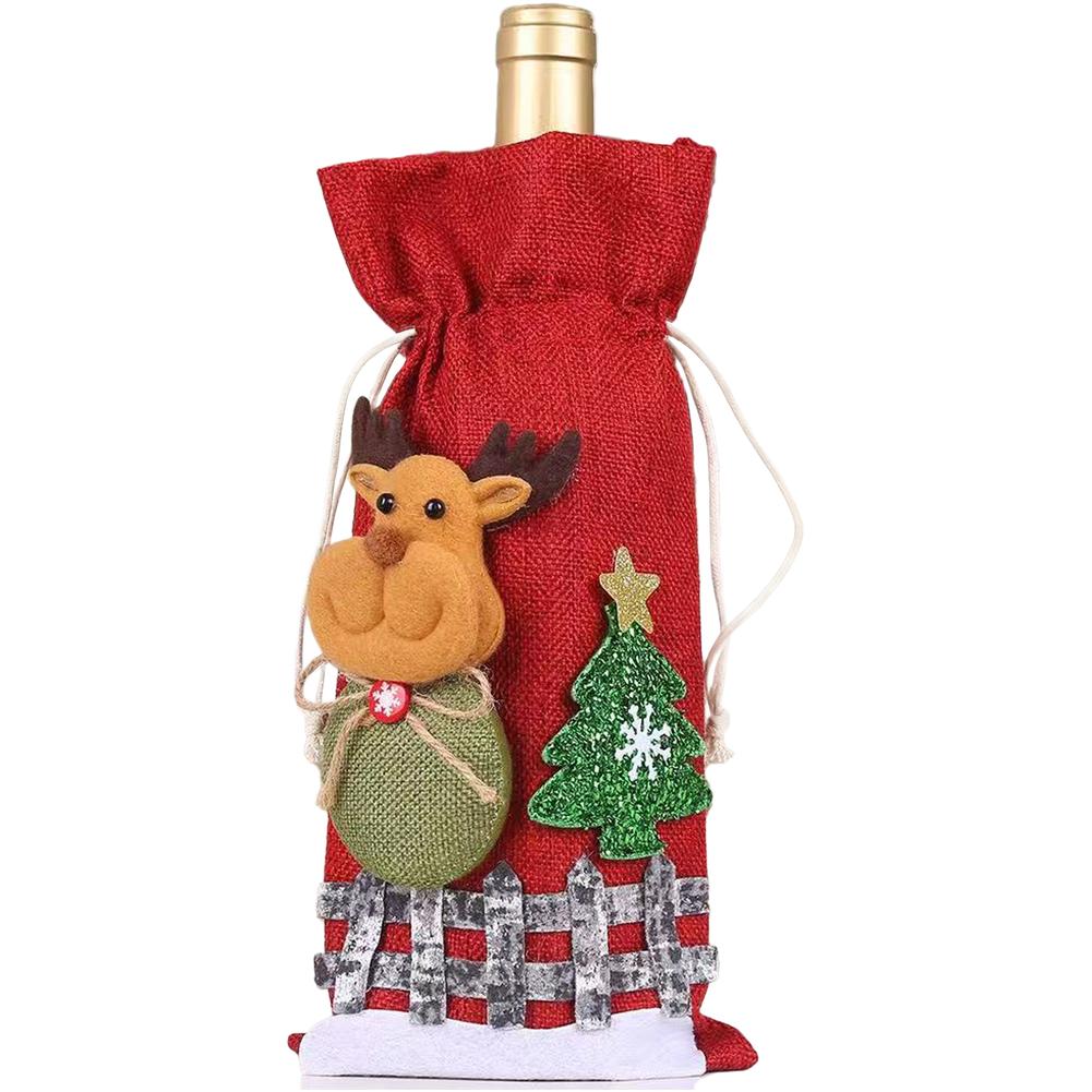 

Drawstring Wine Bottle Cover with Christmas Santa Snowman Reindeer Bear Patterns Made of Burlap for Holiday Tabletop Decoration