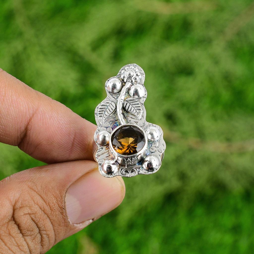 Mothers day Deal 925 Sterling Silver Citrine Stone Solitaire Flower Ring Jewelry
