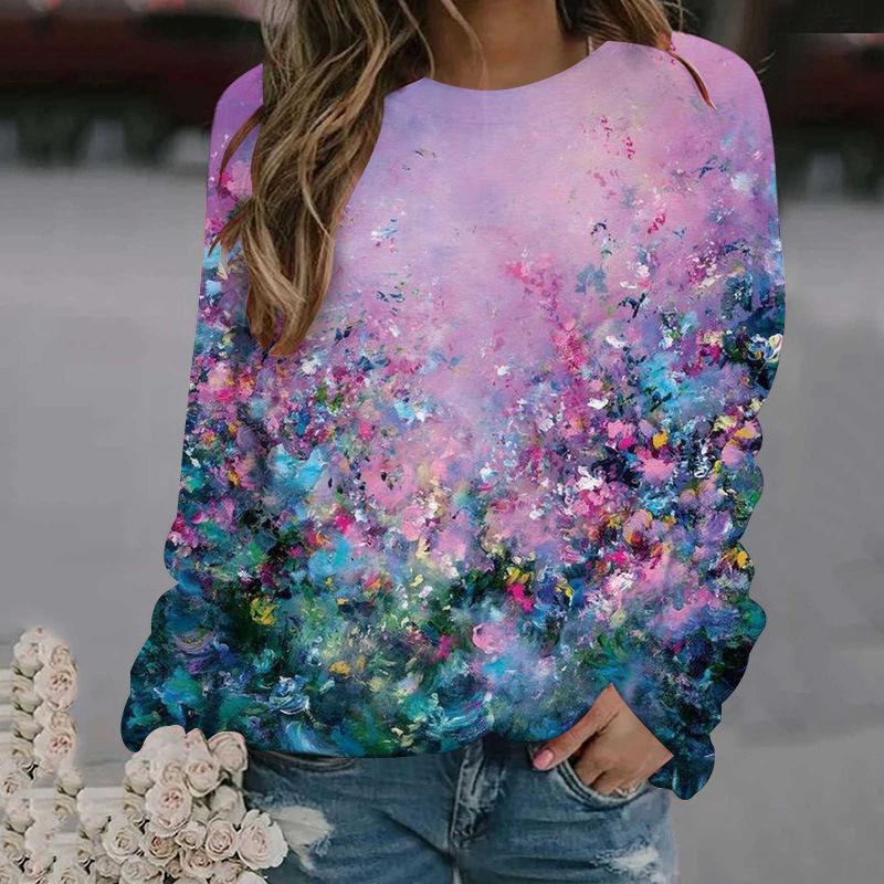 Oil painting flower pattern 3D printing sports shirt women's long sleeved shirt