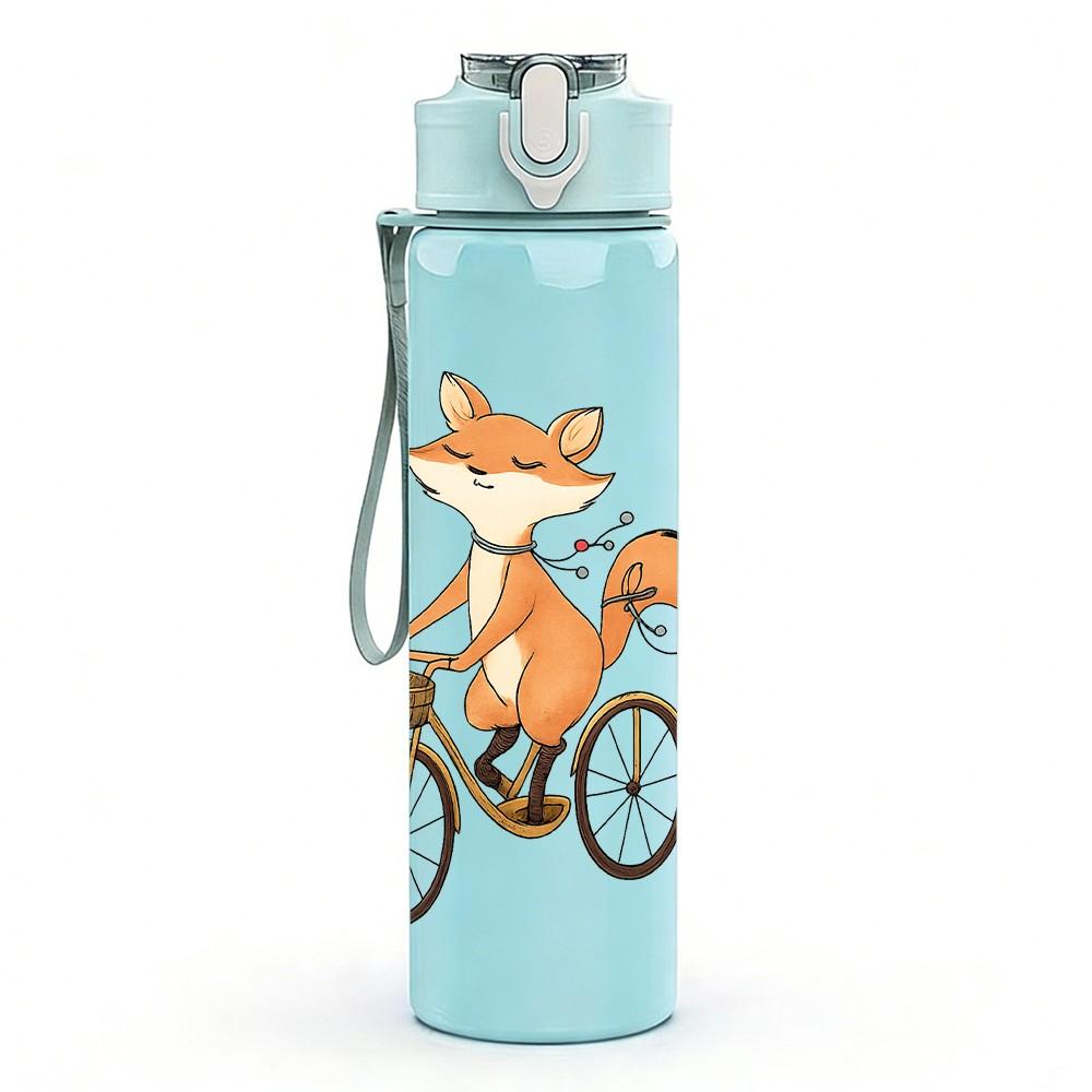 1PC Fox Riding Bicycle Art 750ml Color Plastic Sports Water Bottle Leakproof Flip Straw Lid Suitable for Sports Office Home Use