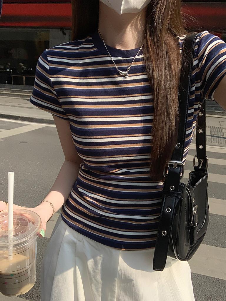American Retro Striped Front Shoulder Crew Neck Short-sleeved T-shirt Women's Summer New Spice Girl Slim-fit Waist Top