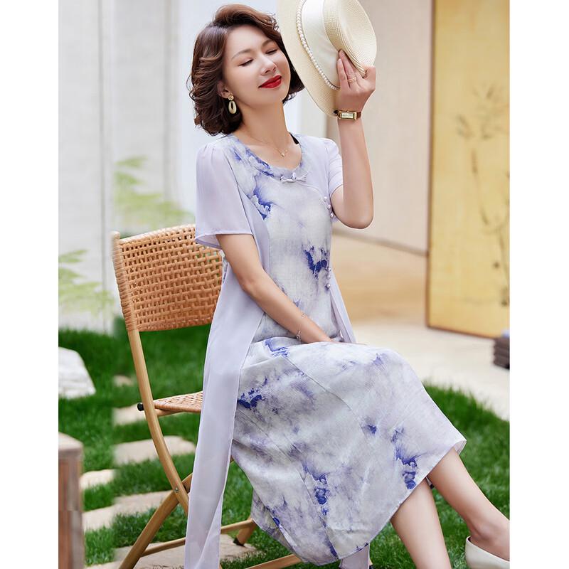 

New Chinese Style Summer Watercolor Print A-line Dress 4XL