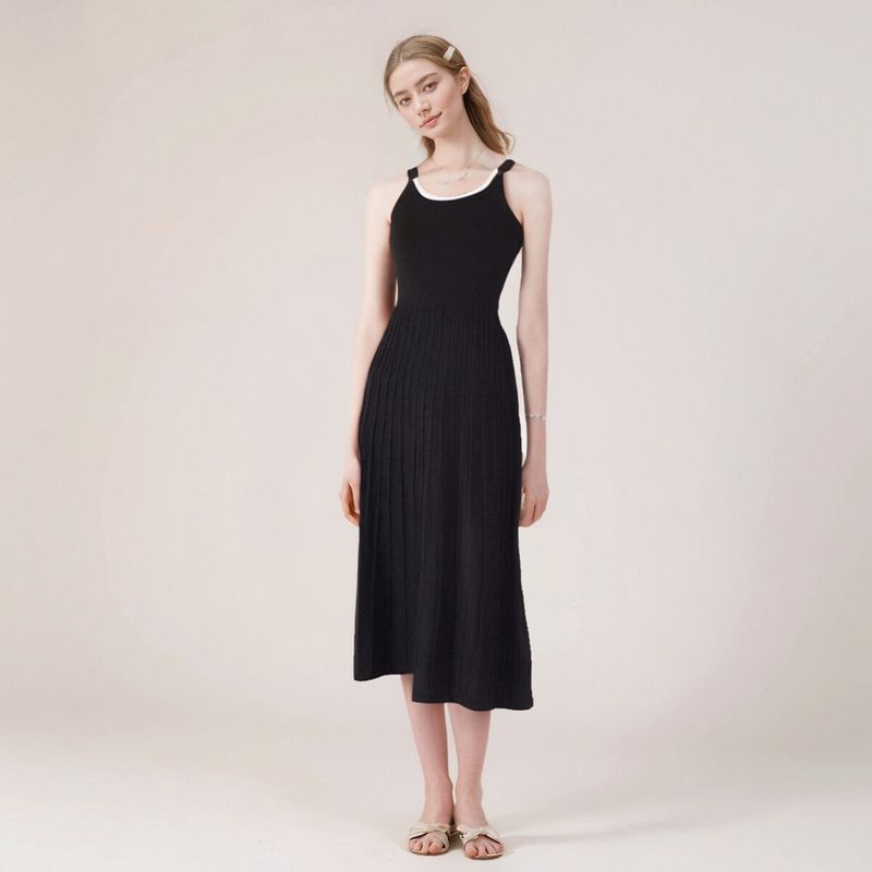 

Spring and Summer New Fashion round Neck Hook Flower Beaded Knitting Sling Dress Women s Clothing Fitted Waist Vest Pleated Skirt Black 160/84A