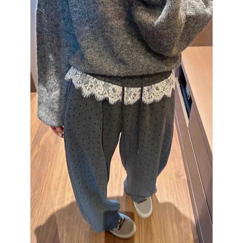 Spring 2025 Patchwork Lace Trim Polka Dot High Waist Loose Straight Wide-Leg Pants
