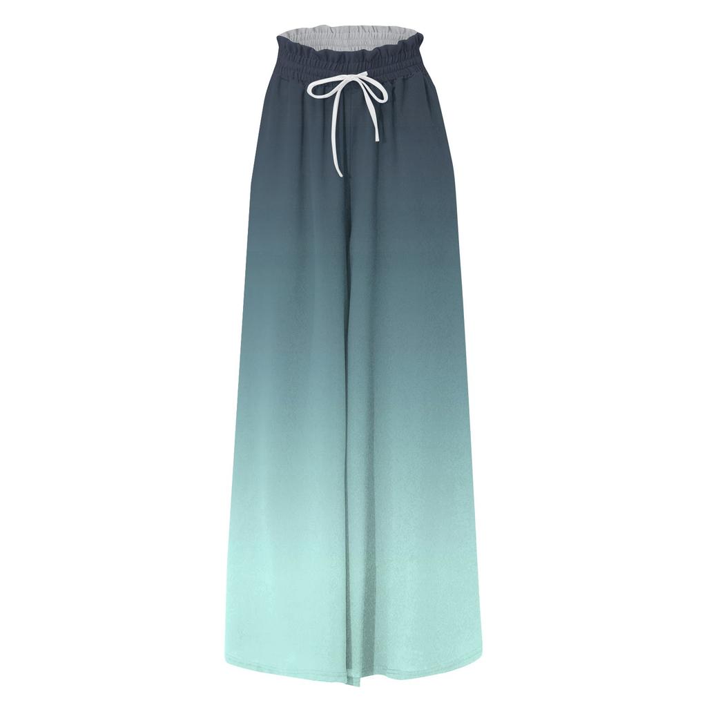 Women High Waisted Wide Leg Pants Summer Casual Flowy Palazzo Pants  Print Beach Trousers With Pocket