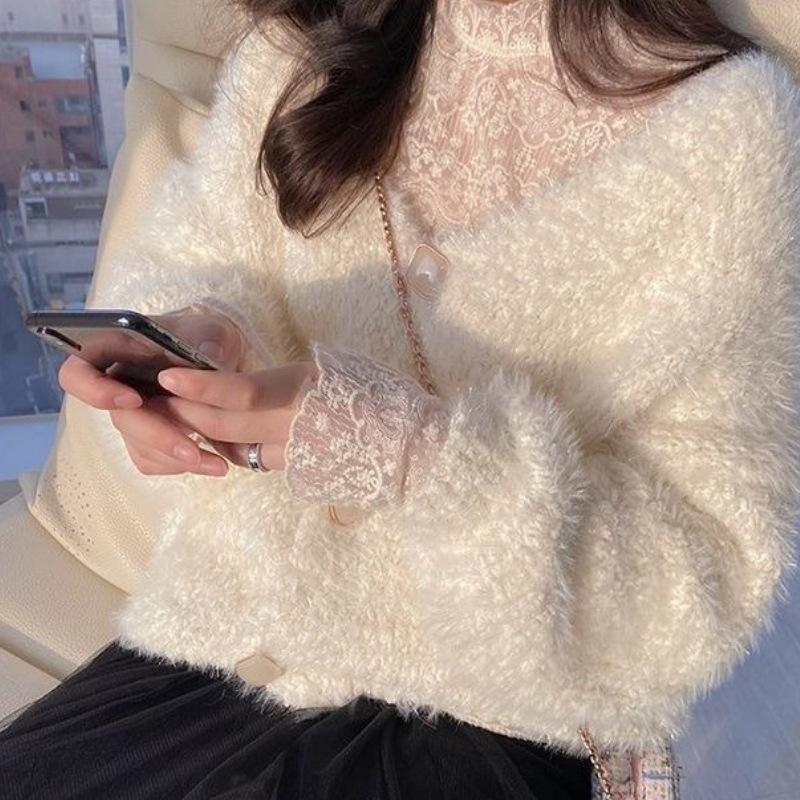 Frühling Herbst Stehkragen Spitzenbesatz T-Shirt Damen Süß Langarm Mesh Allround-Pullover Tee Top