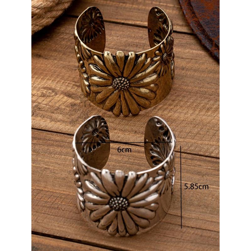 1pc Retro Western Style Sunflower Floral Embossed Metal Bangle Bracelet for Women, Fashionable and Graceful Valentines,Mom,Mother,Mother's Day,Gift