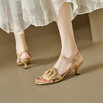 Fashion New Sheepskin Summer Sandals Round Toe High Heels Sandals Shoes for Women Zapatos Mujer Handmade Camellia Sandals Ladies Shoes