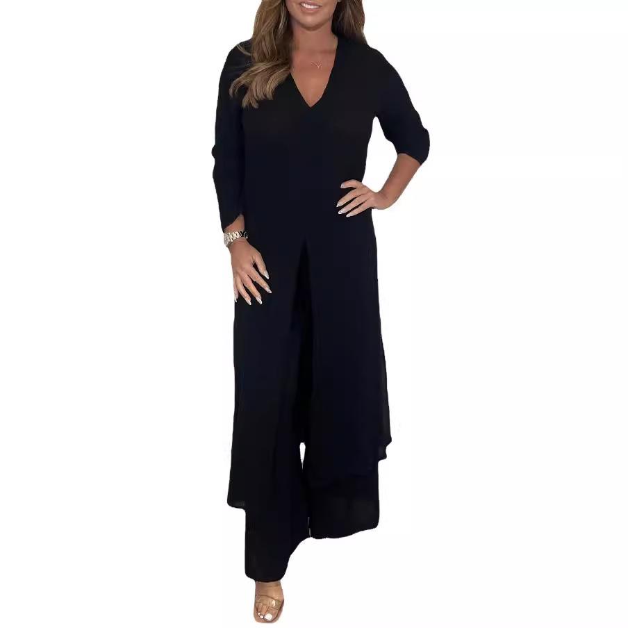 QICED Summer and Autumn Women's Split Long Top and Long Pants Set
