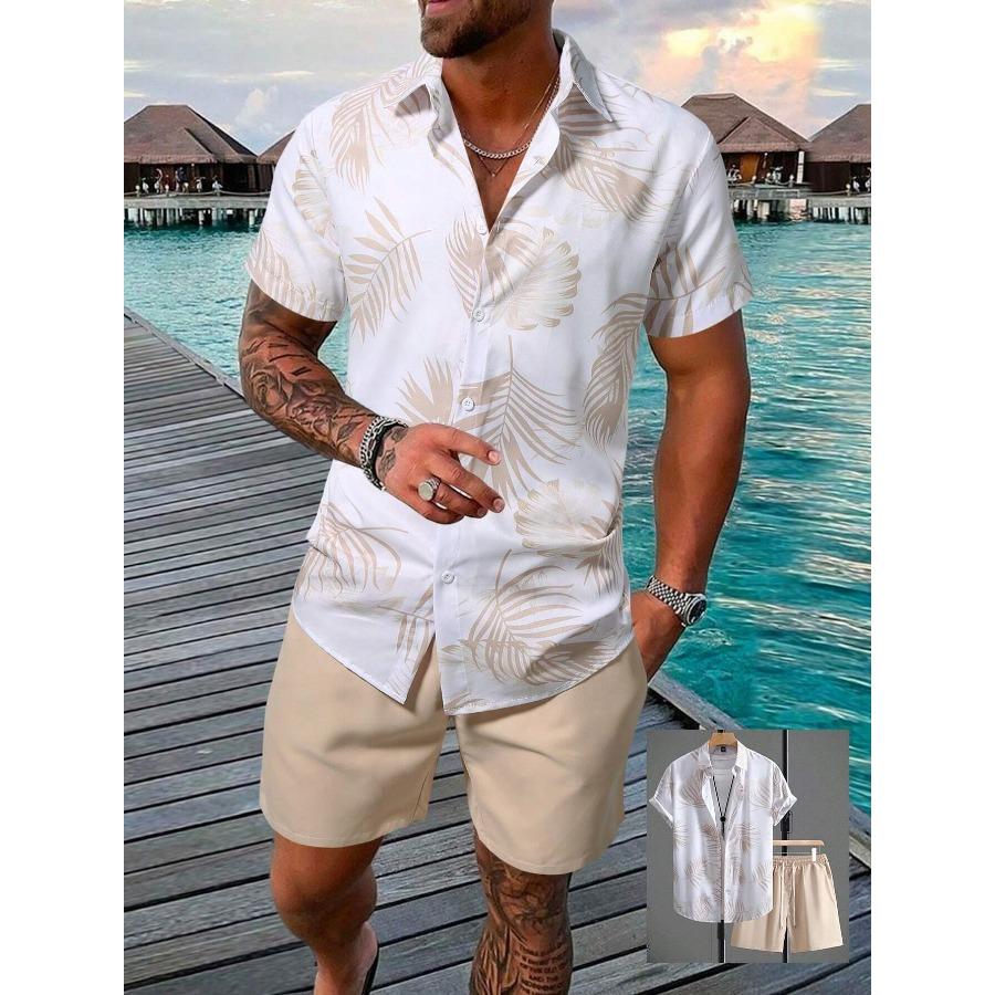 Men's Summer Tropical Flower Hawaiian Shirt, Palm Leaf Print Short-Sleeve Shirt and Shorts Set