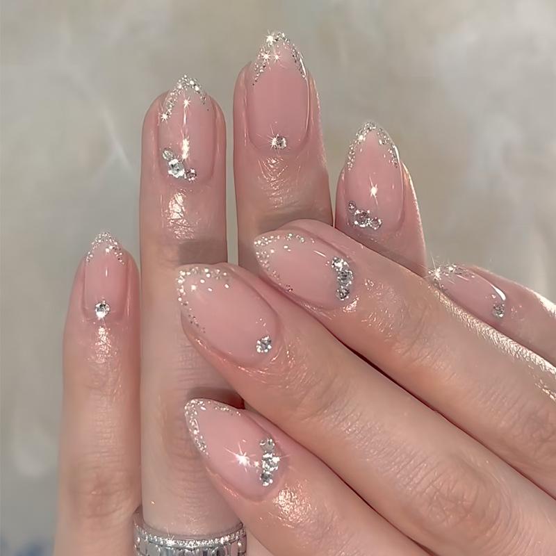 

Glitter French Edge Wearable Nail Art: 24 Removable Short Fake Nails Gel Glue Version