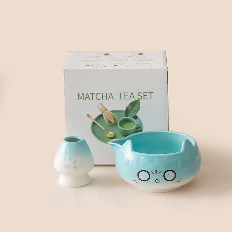Ensemble de Thé Matcha en Forme de Chat Céramique Japonaise Bol Fouet en Bambou Tamis Boîte Cadeau pour la Préparation du Matcha Accessoires de Thé Mignons