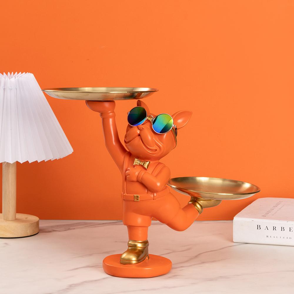 Estatua de Perro de Resina Genial con 2 Bandejas y Gafas Lindas Figurilla de Bulldog Francés Negro Adornos Esculturas de Animales Decoración Aniversario