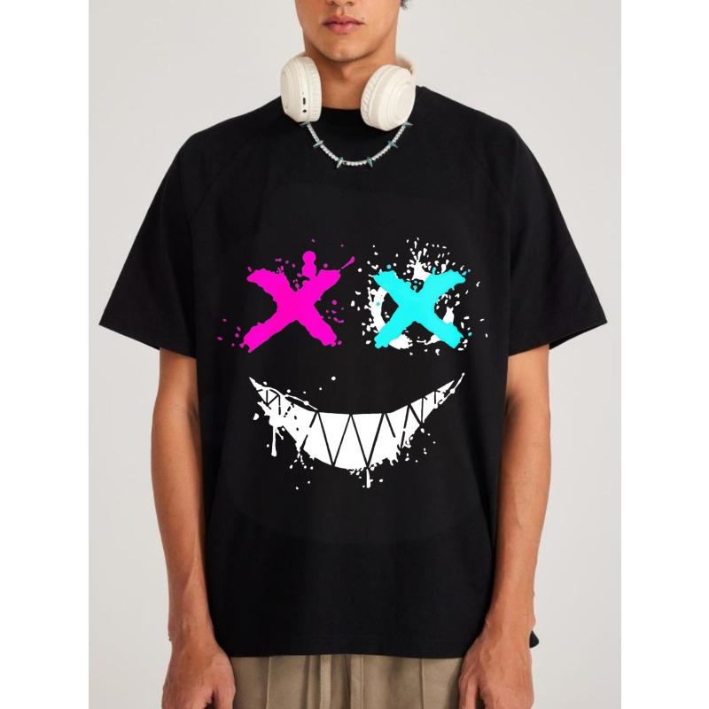 Schwarzes Herren-T-Shirt mit pink-blauem X-Augen- und weißem Grinse-Print, lässiges Streetwear-Oberteil für Alltag und Freizeit.