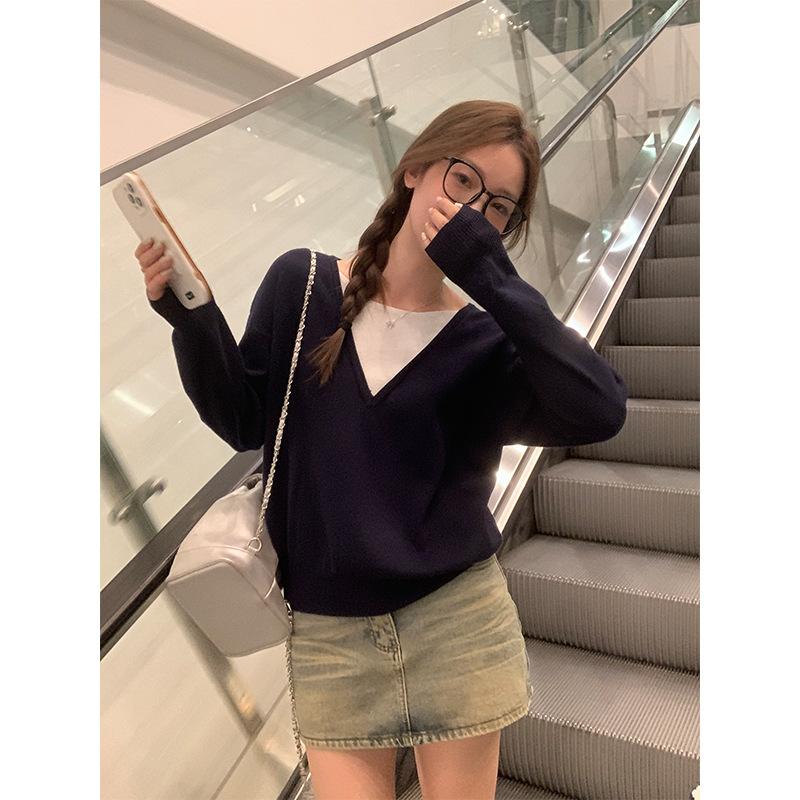 Red fake two-piece sweater for women autumn and winter new loose high-end lazy Korean sweater long-sleeved top