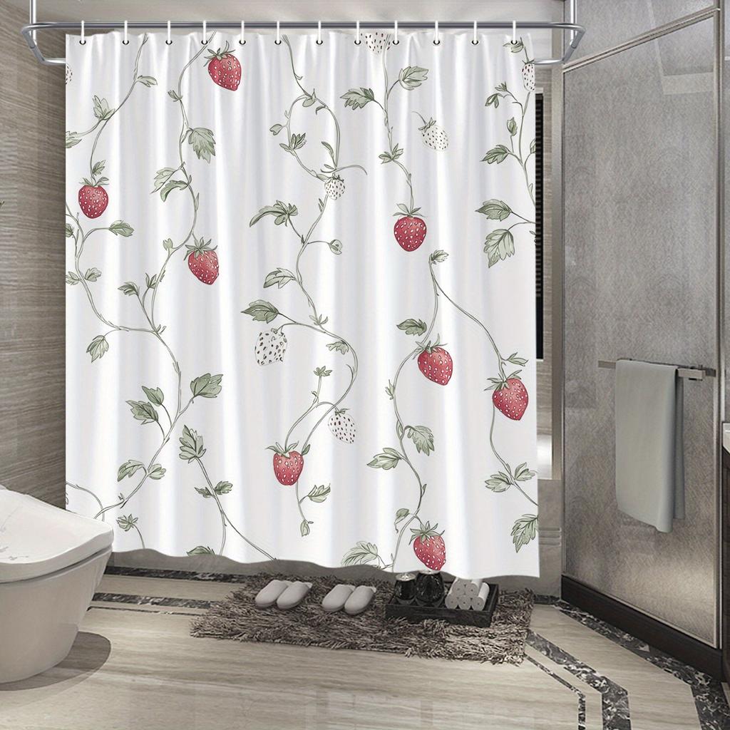 1 Strawberry Pattern Shower Curtain - Polyester Fabric with Hooks, White Background, Delicate Strawberry and Leaf Pattern
