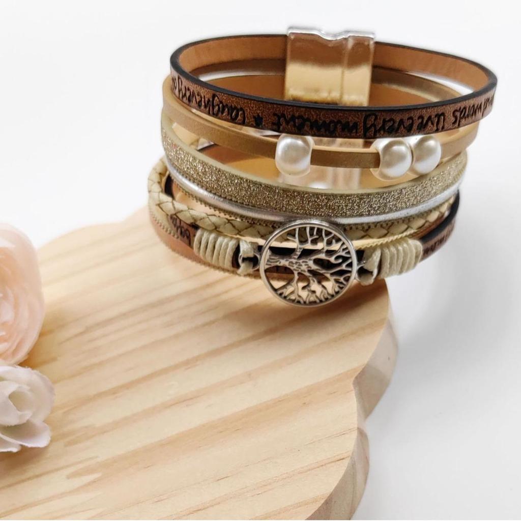 Hollow Tree of Life Multi-Layer Pearl Leather Bracelet with Magnetic Clasp