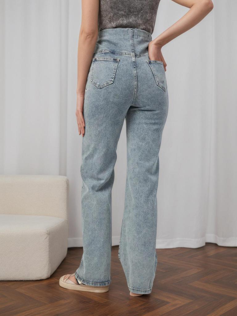 8051 High Waist Maternity Jeans: European & American Fashion, Belly Support, Slimming, Versatile Narrow & Straight Leg Pants