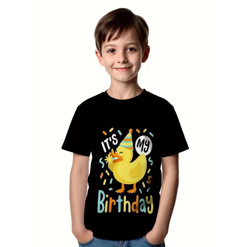 European size Boys round-neck short-sleeved T-shirt with birthday theme and cartoon duck pattern print 98cm чёрный