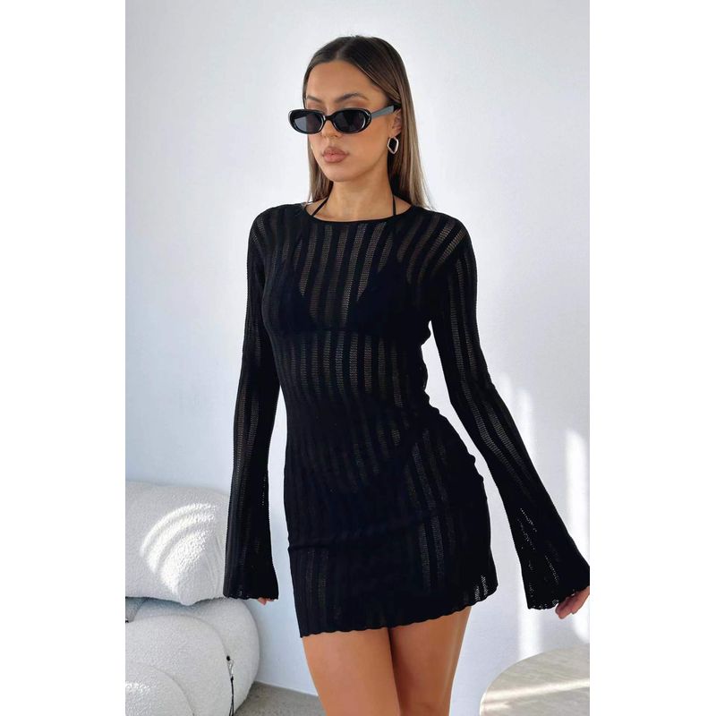 

European and American Sexy Backless Lace-up Knitted Perspective Beach Skirt Sexy Lace up Perspective Dress Black L