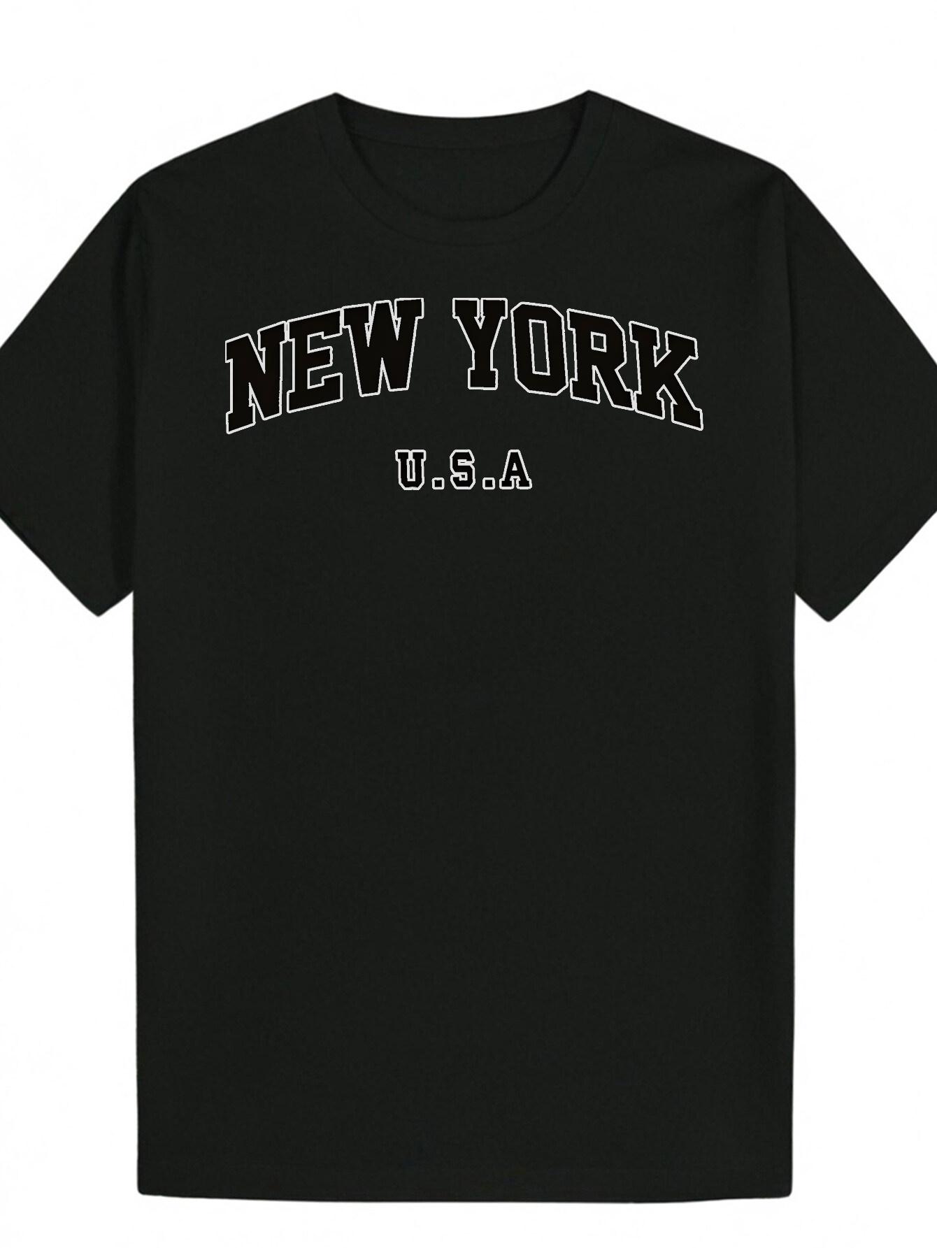 New York U.S.A Graphic T-shirt - Black Casual Polyester Tee with Bold White Lettering S