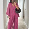 Loose Fit V Neck Button Front Hooded Top and Wide Leg Pants Set In Fuchsia