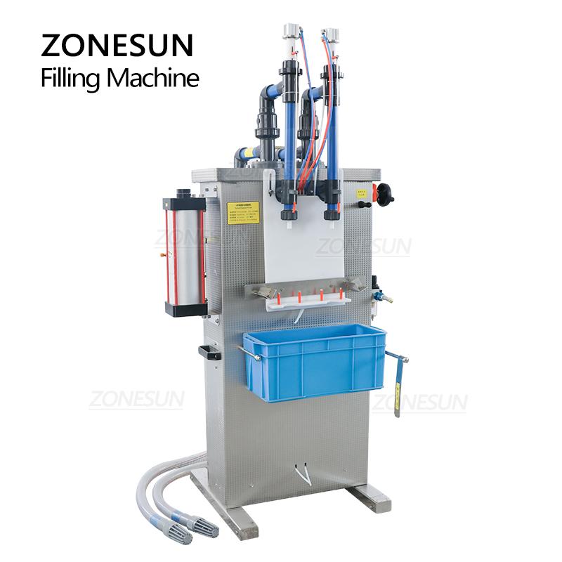 ZONESUN Liquid Filling Machine Full Pneumatic Semi-auto Double Heads Corrosive Bottle Filler for Toilet Cleaner Disinfectant