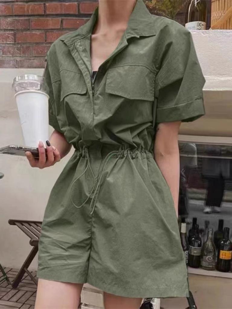 Tooling jumpsuit women's summer new casual versatile drawstring waist thin small wide leg shorts tide