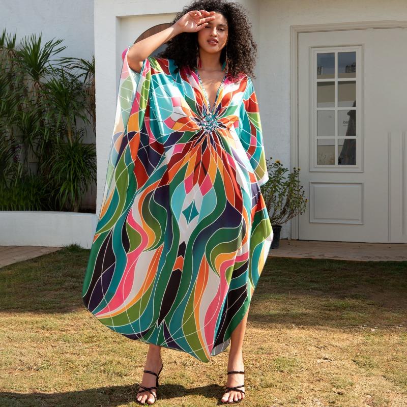 Vestidos casuales holgados con cuello en V y manga larga con estampado de bloques de color para mujer, primavera y otoño