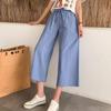 Women Summer Autumn Cotton Linen Pants High Waist Solid Color Wide Leg Cropped Pants